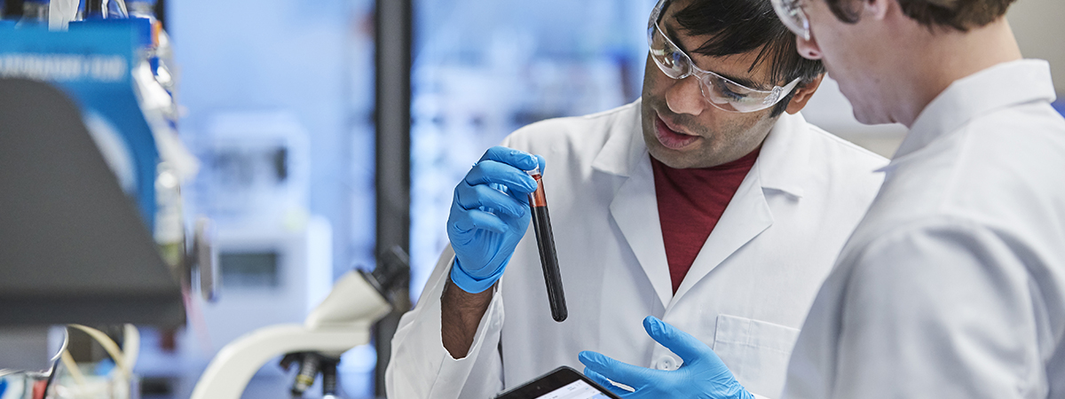 Lab technicians looking at a test tube
