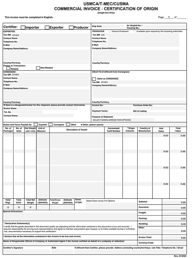 USMCA Commercial Invoice Image 